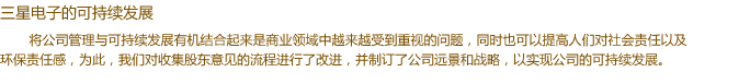 將公司管理與可持續(xù)發(fā)展有機結(jié)合起來是商業(yè)領(lǐng)域中越來越受到重視的問題，同時也可以提高人們對社會責(zé)任感以及環(huán)保責(zé)任感，為此，我們對收集股東意見的流程進(jìn)行了改進(jìn)，并制訂了公司遠(yuǎn)景和戰(zhàn)略，以實現(xiàn)公司的可持續(xù)發(fā)展。